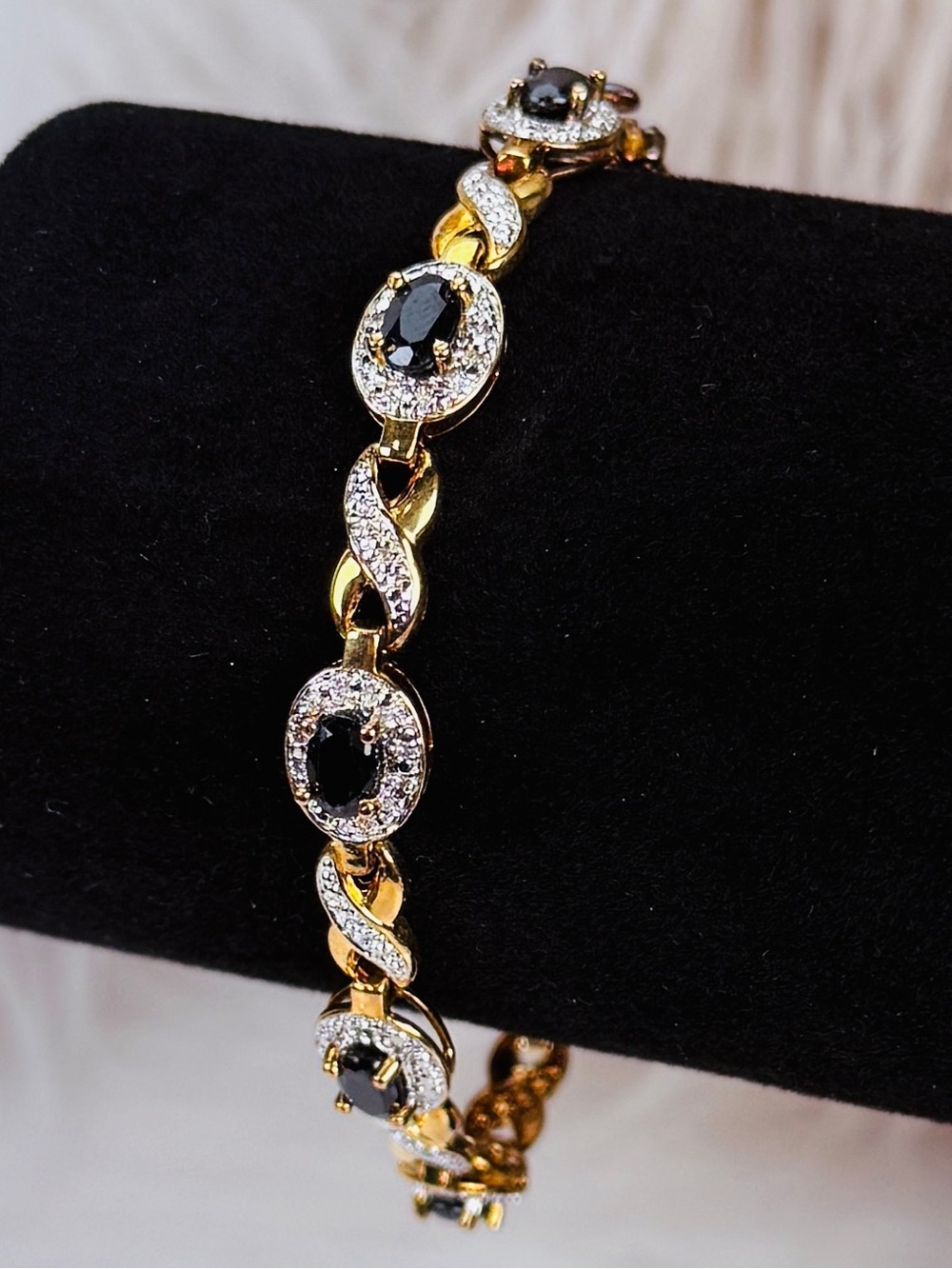 Vintage Aged Goldtone Bracelet with Dark Blue Stones